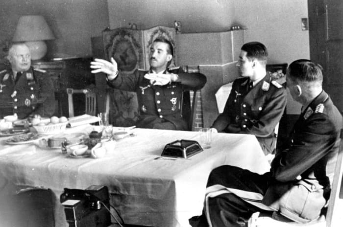 World War II: General Adolf Galland (center) at a birthday party April 1941 (a few months before Bader was shot down).