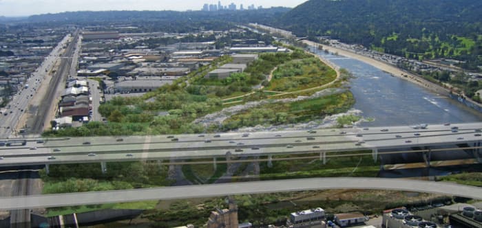 This is an excellent sketch to use for an article about redesigning the Los Angeles River. The "river" is currently a drainage ditch, but this is what it could look like as a real river, with a better channel and new plantings on the side.