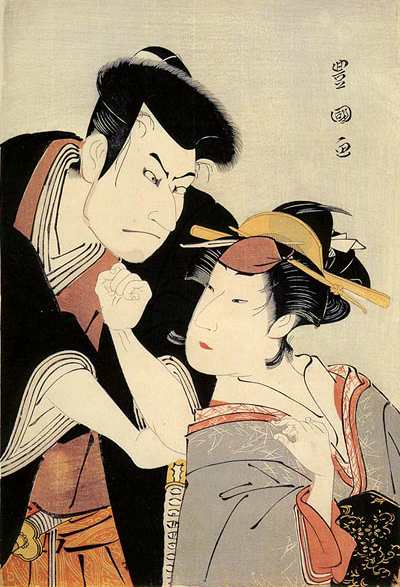 Two fashionable kabuki actors--both are men. Women were banned from the stage, so women's roles were played by onnagata (often translated as 'female impersonators', since in the Edo Period, many did live as women) who had a stranglehold on fashion.