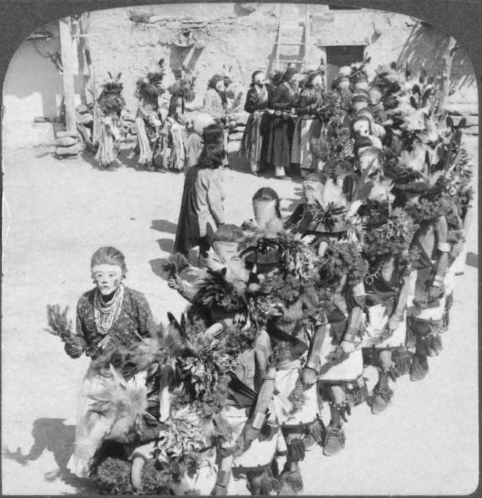 Kachina dancers of the Hopi pueblo of Shongopavi, Arizona, USA taken sometime between 1870 and 1900. Dancers of the Powamu Ceremony.
