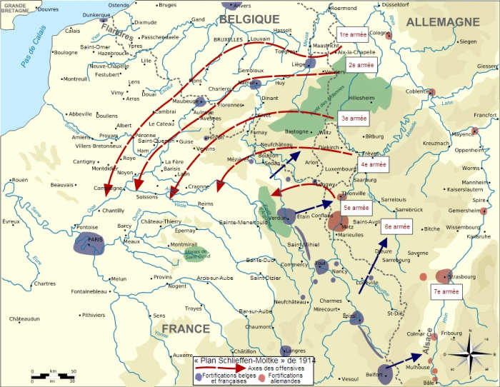 World War I: August 1914 German plan of attack in red; French plan of attack in blue.