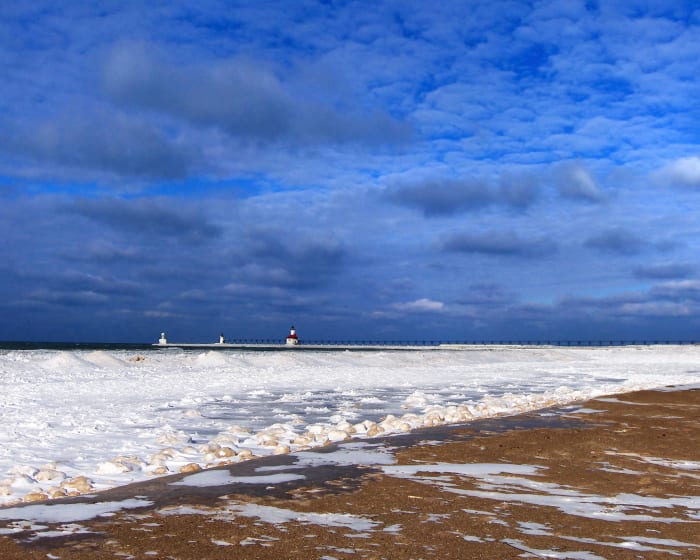 Frozen shoreline beginning to develop one week before the Polar Vortex event on Lake Michigan near St. Joe Lighthouse