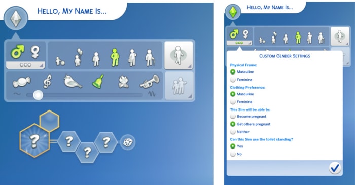 Choose features such as your Sim's gender, overall appearance, age, voice or walk style.