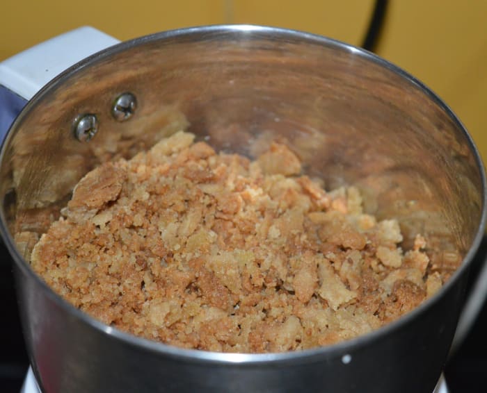 Once they are cold, crush them with your fingers. Next, put the pieces into a mixer jar and pulse to get granules.