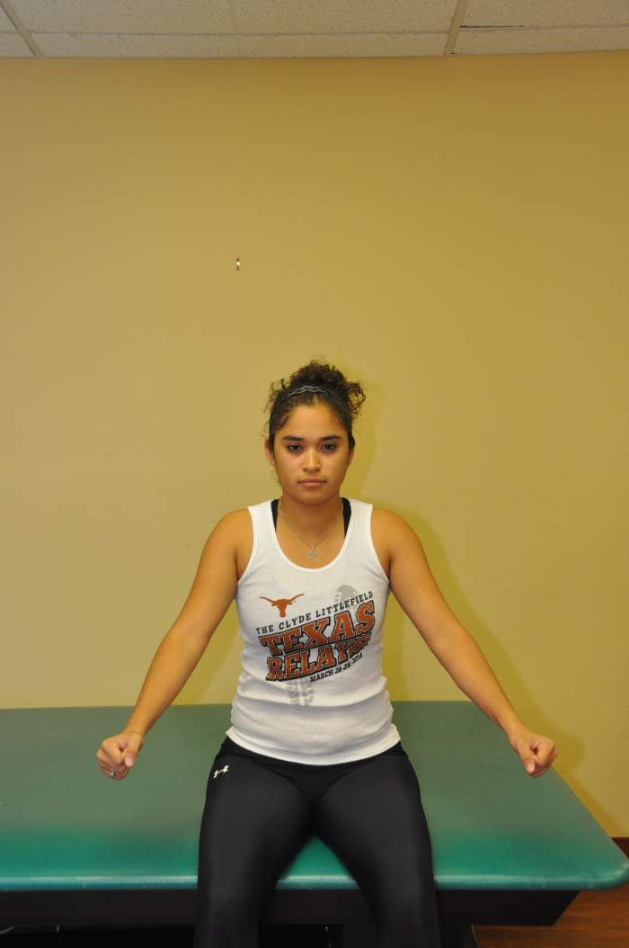 With your arms down by your sides, raise your hands about 20” in front of you, with your hands about 30”-36” apart.