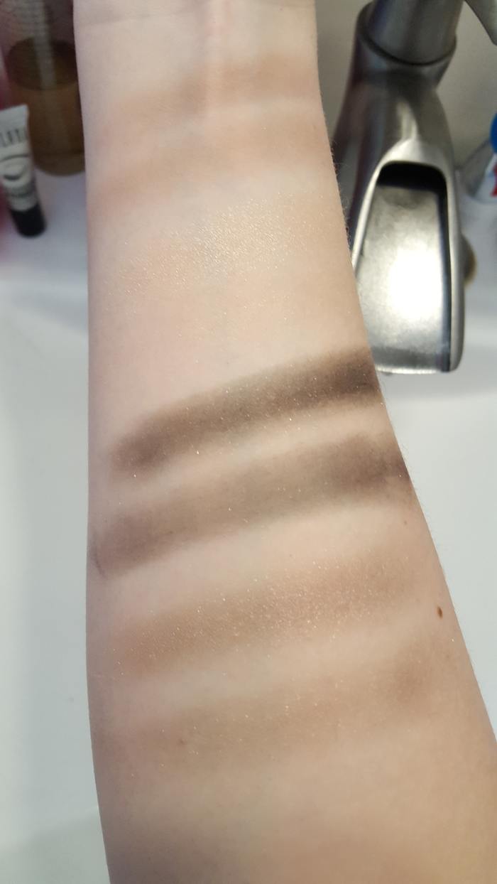 Here are some arm swatches of the whole Silent Treatment quad. Finger swatches are on top and brush swatches are on bottom. From top to bottom, we have Transition, Browbone, Crease, and Eyelid.