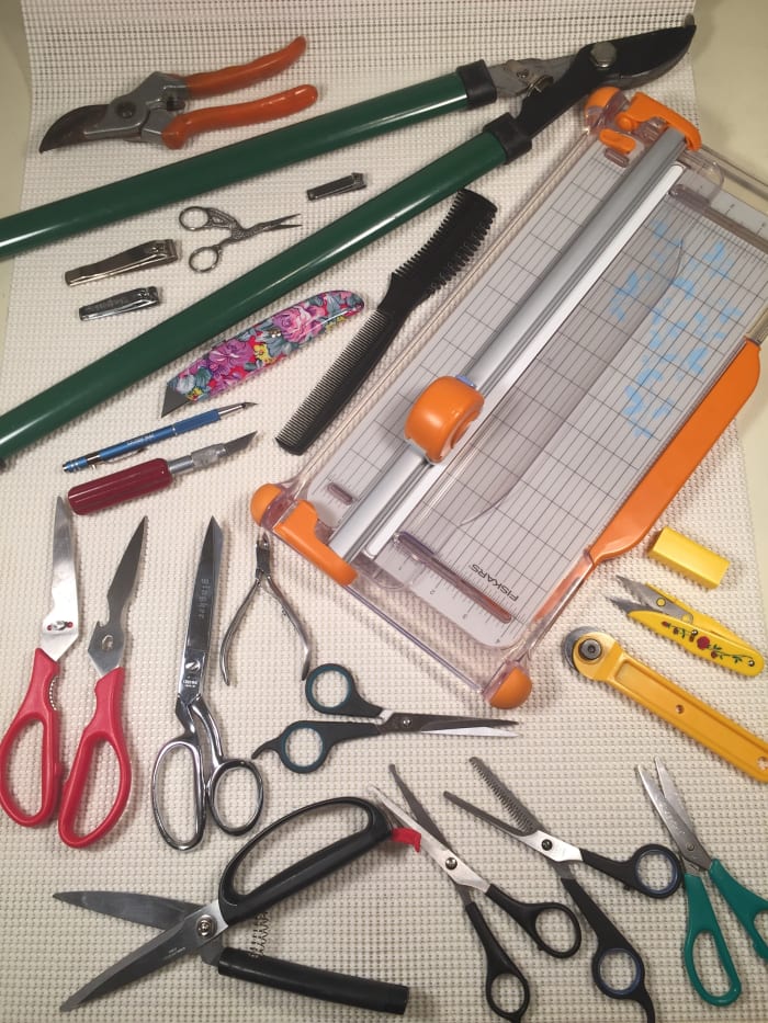 Fabric scissors, kitchen shears, spring loaded scissors, pruning shears, paper trimmer, craft knives, thread clipper, rotary cutter, eyebrow scissors, hair scissors, nail scissors, nippers, and clippers. So much to cut, so little time.