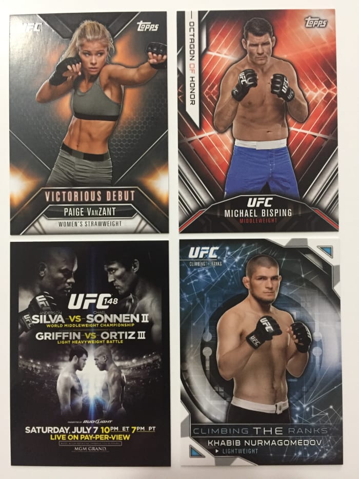 Examples of insert cards with themes: Victorious Debut, Octagon of Honor, Fight Poster Reproductions and Climbing the Ranks