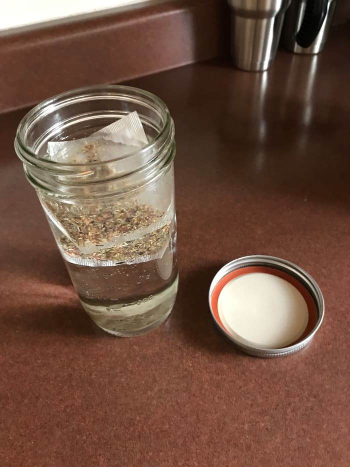 To make cold brew iced tea, I simply FILL my container (single serve shown), FLOAT the tea bags, cover, and pop it in the FRIDGE to steep.