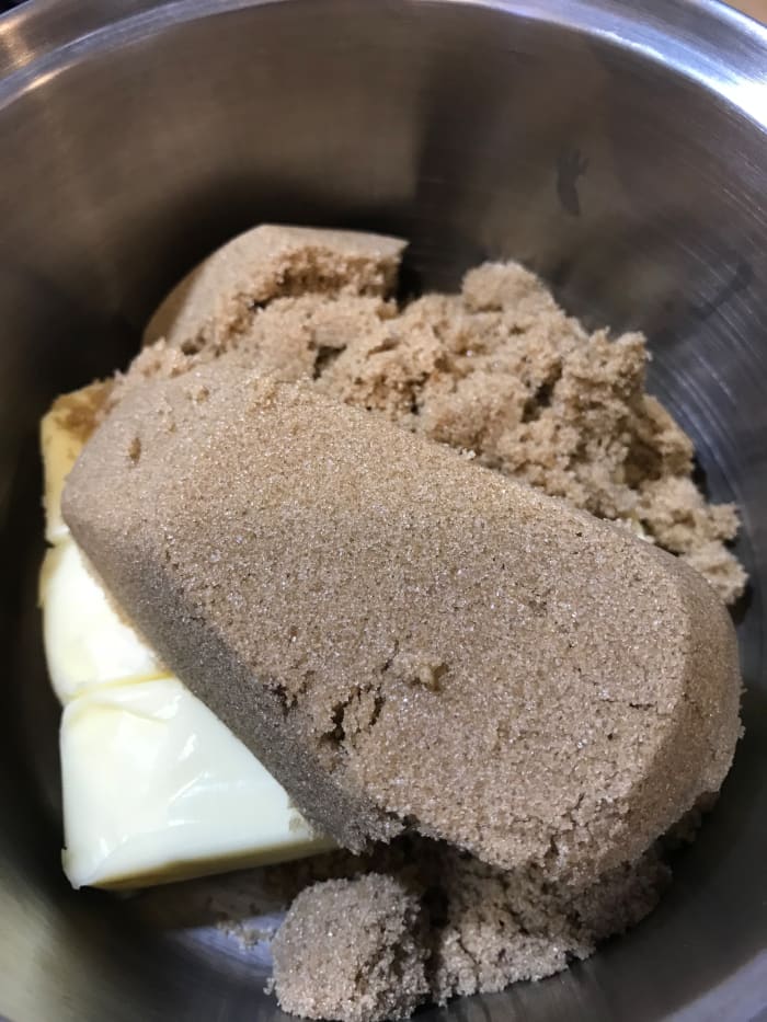 Make the toffee layer by melting together equal parts butter and brown sugar. You can use salted or unsalted—it doesn't matter. I'm Southern so I use salted, but no fret about that part.