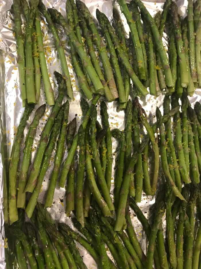 Sprinkle with kosher salt and the zest of a lemon. I like kosher salt best, and the pop of fresh lemon zest is just amazing with the fresh asparagus.