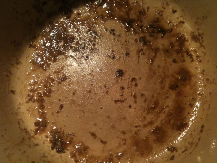 The 'fond' - the brown yummy bits in the bottom. These are golden! Scrape those off the bottom of the pan, and your stew will have a richer, more complex flavor.