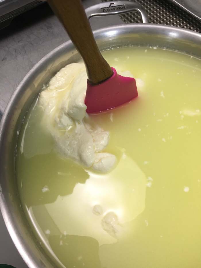 Take the pot off the heat and stir for another 2-5 minutes. Stir it 5 minutes if you like firmer cheese, less for softer cheese.