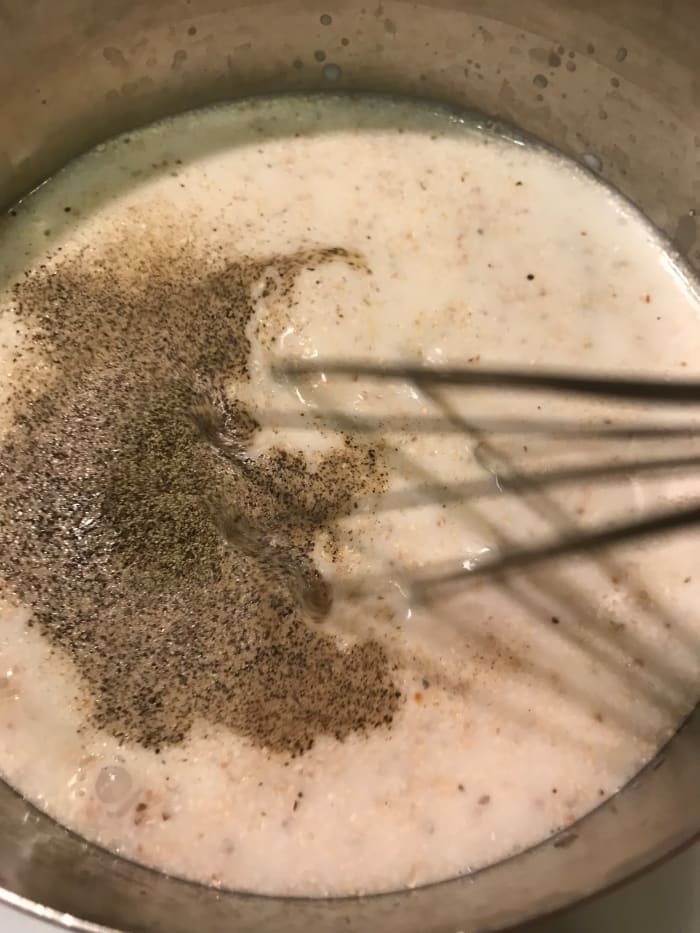 Start with perfect creamy Southern grits - made with both water and chicken broth, and cooked slow. Stone ground grits are also the best - nutty and delicious.