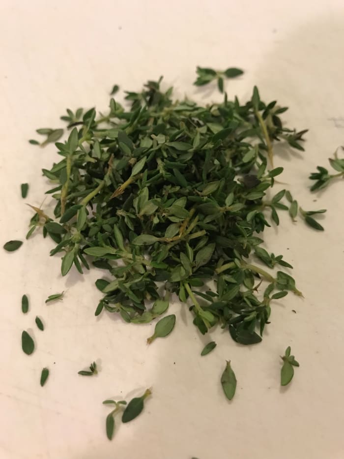 Probably my favorite herb, fresh thyme is a gorgeously subtle, slightly floral note in the finished butter. Use the tender leaves whole, or mince the tender stems very finely. Strip the tougher stems of their leaves and toss those or save for stock.