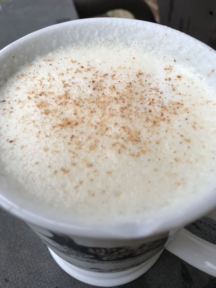 I make a non-alcoholic eggnog most of the time, because it's generally not a good idea to spike the kids. But you can certainly whisk in rum, bourbon or whiskey right before serving if you like. Top with a little more nutmeg and you're good to go!