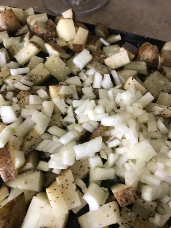 Once everything is in the pan or on the griddle, stir well, then just let the ingredients sit. The longer the potato has contact with the surface, the crispier and more golden it will be. Stir occasionally, but not so much that you miss the browning.