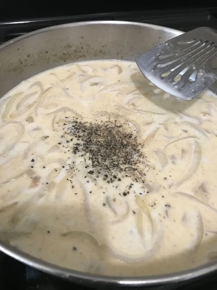 Stir in the milk, and add lots of freshly cracked black pepper. The gravy will be done once it comes all the way up to a boil and simmers for one minute. That's how you know it's as thick as it's going to get. Black pepper is perfect with the gravy.