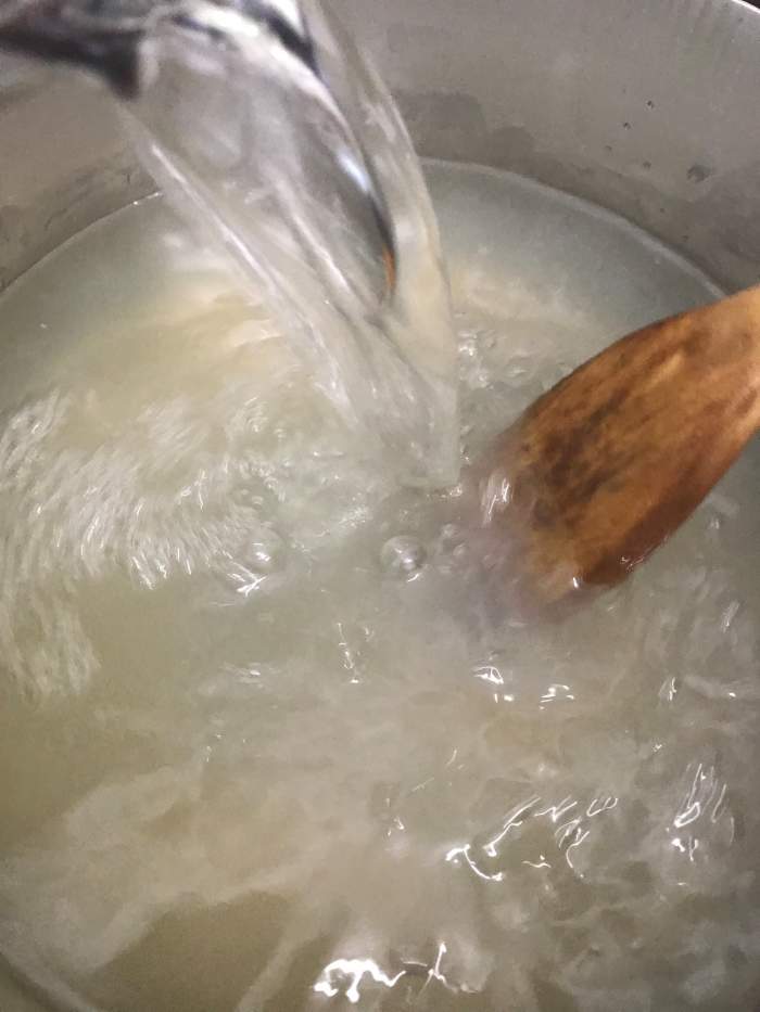 Add six cups of cold water, or a combination of water and ice to equal six cups to chill it more quickly. You'll end up with a total of eight cups of lemonade.