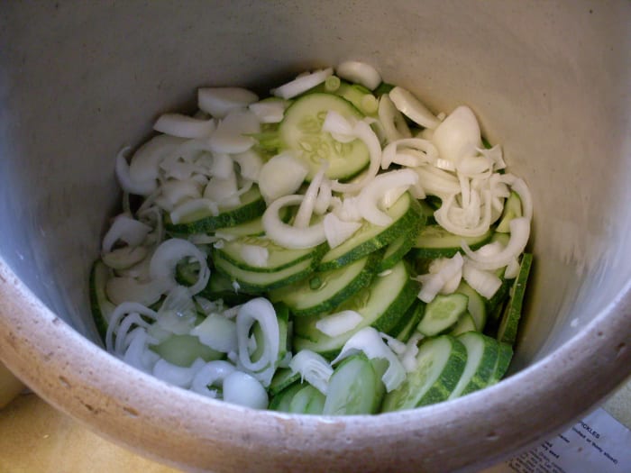 A stoneware pickling crock is a worthwhile investment, but if you don't have one, use a large mixing bowl.