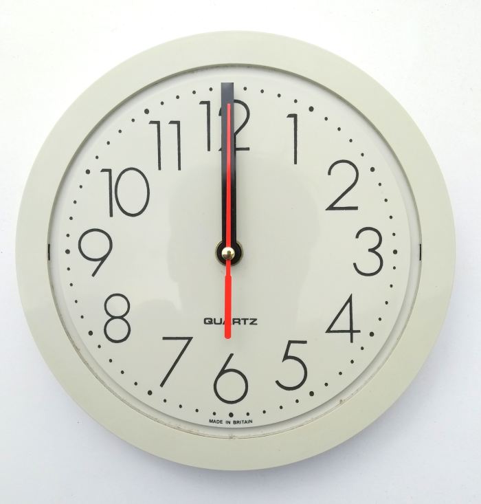Replace both the hour, minute and second hand (if supplied) and point them all to 12 o'clock. Then set the time after replacing the battery.
