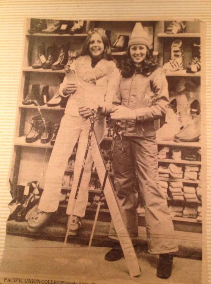 Here I am at Pacific Union college, modeling ski wear for an SDA promotional event. The other coed got first dibs on the faux fur jacket. Darn her!