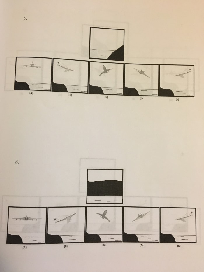 Top: A - The horizon is level and flat so there is no bank, and the horizon is at the center point so the aircraft is level and flying straight. Bottom: E - The horizon is level so there is no bank, but it is above the center point indicating dive.
