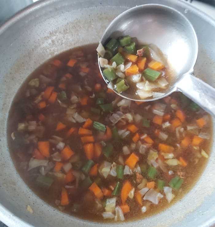 Add water if you feel your soup is too thick and more slurry if it is too thin (you can keep your soup thick or thin as per your preference). Adjust salt. Add more sauces, vinegar and sugar if required.