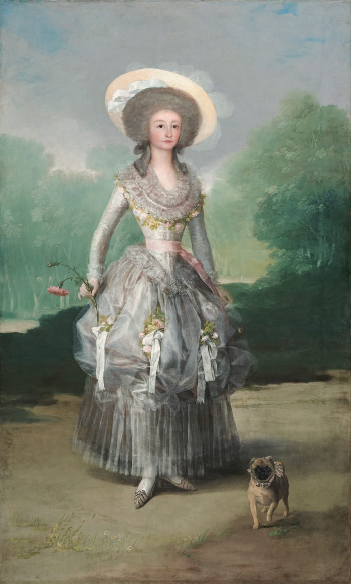 The Marquesa de Pontejos by Francisco Goya, 1786. This paiting features the subject and her pet pug.