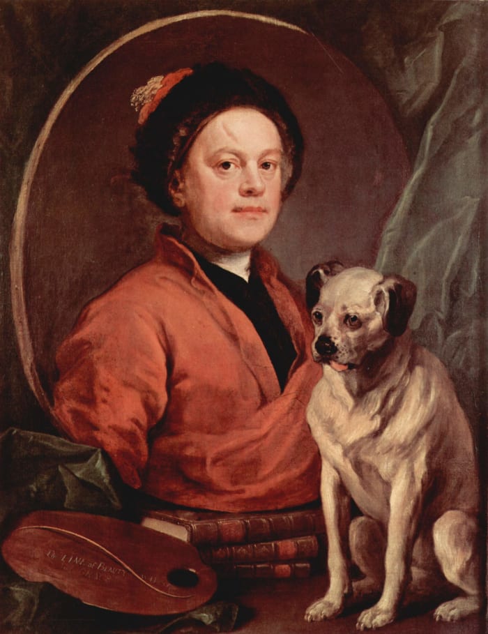 The Painter and His Pug - Self-portrait, William Hogarth (1697–1764). This self-portrait features Hogarth with his pug, Trump.
