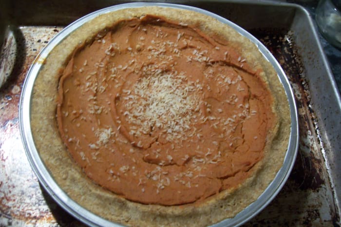For this pie (in the crust) I used coconut flour, coconut flakes, 2 eggs, around a cup of water, cinnamon, cloves, ginger, raw honey and coconut oil.