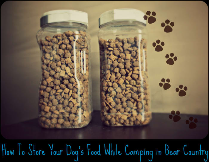 Always keep your dog's food stored in airtight containers and keep them in the trunk of your car when you're camping in bear country.I used these plastic containers I purchased from the dollar store.