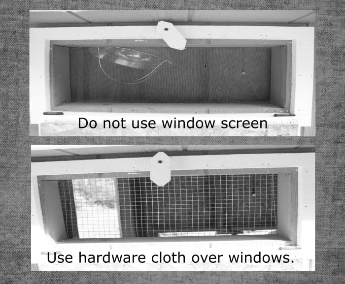 This chicken coop originally had regular window screens, which created a vulnerability to predators. The screen was replaced with 1/2" hardware cloth to make this opening predator-proof.