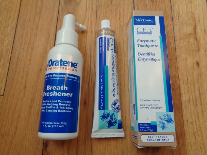 We ended up purchasing some enzymatic toothpaste, as well as enzyme therapy breath freshener for our dental maintenance with Luna.