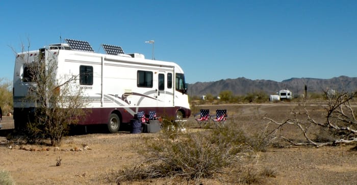 Two solar roof panels charge batteries in the lower compartments. Stored power can be used for lights, TV and charging computer batteries.
