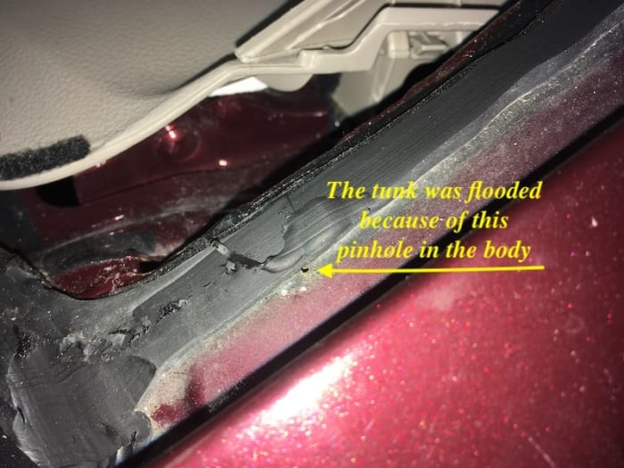 There was a water leak near the back glass, the trunk and rear seat were soaked to the point of black mold growing. We had the rear glass removed professionally and found this pinhole near the urethane.
