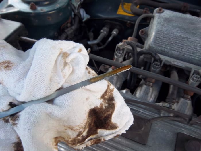 Close-up of the dipstick. There should be two lines near the tip indicating 'full' and 'low'. As long as the level is between the lines, you're in good shape!