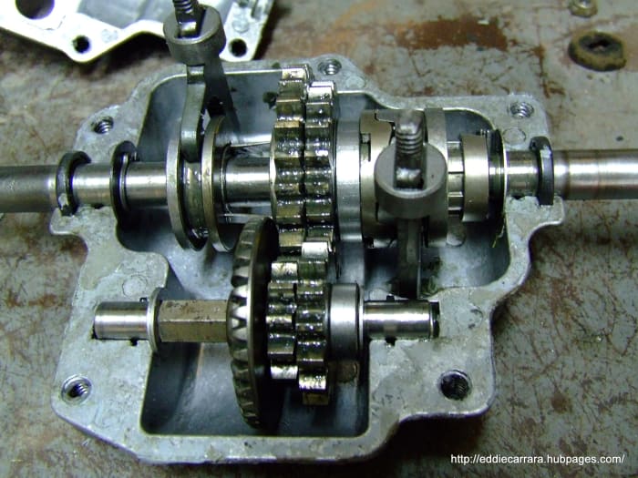View inside the Honda Harmony 215 transmission with no grease. It is very well constructed and I found very little wear after 16 years of use.