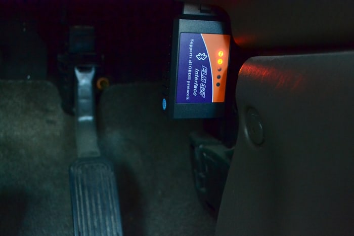 Connected to the OBDII port in a 2004 Toyota Tundra Double Cab just to the right of the gas pedal under the dash.