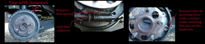 1. Tap the brake drum with a hammer. 2. Remove the spring and the adjuster. 3. Remove this by pressing here with a socket while twisting the pin on the backside.