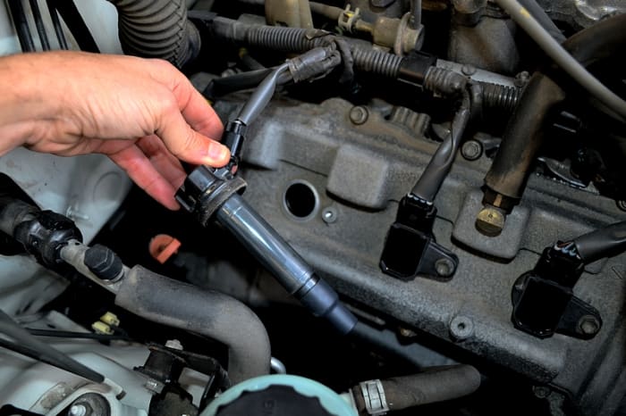 The long spark plug coil removed. They are quite long which is why you need a 5 or 6" ratchet extension to get all the way to the plug.