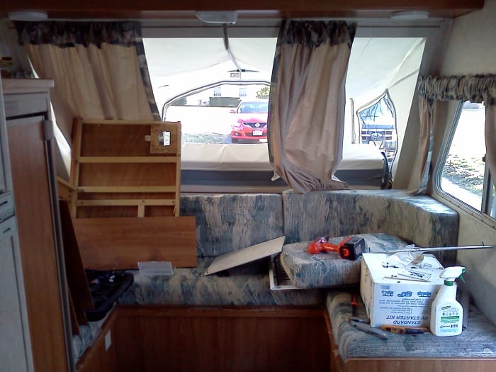 Looking towards front of camper: What a mess. I took before pictures so I know where everything goes when finished.