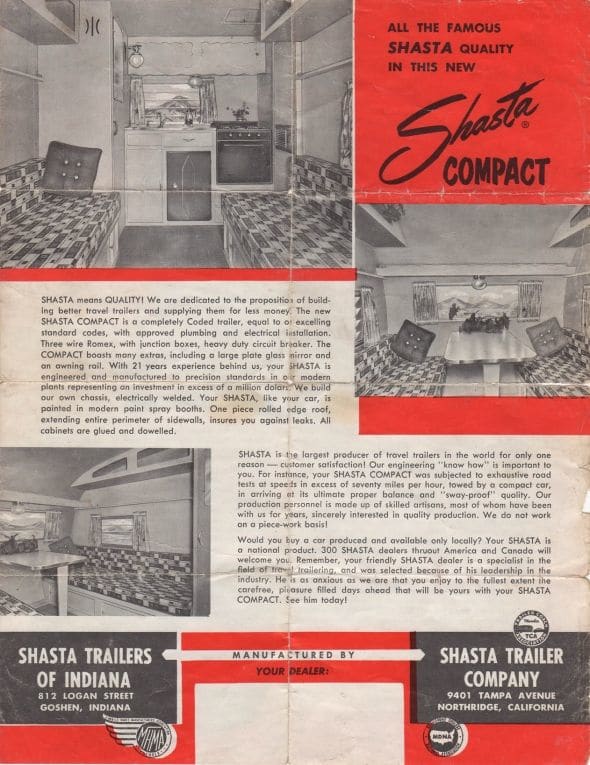 Original Shasta Compact Sales Flyer back. This original sales brochure shows the original interior and fabric - which is still in existence under the slipcovers in my compact - in iconic brown and orange.