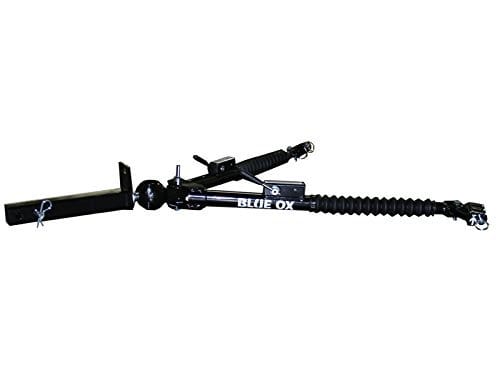 This is a 10,000-lb Blue Ox Aventa tow bar. This design of towing adapter is used with vehicles that have the standard square slide-in towing hitch designs. This hitch is used almost exclusively with motorhomes due to their high weights.