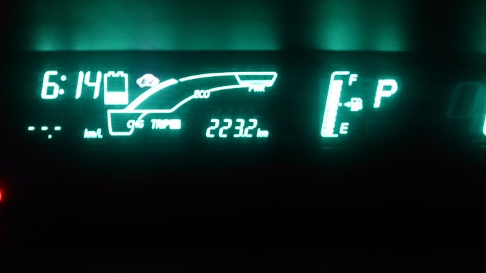 Here the curved meter indicates the amount of power you are applying. If you keep it below "ECO" level then your vehicle runs mostly on EV mode. On the right hand side, PWR range shows where both the battery and the engine give power to the vehicle.