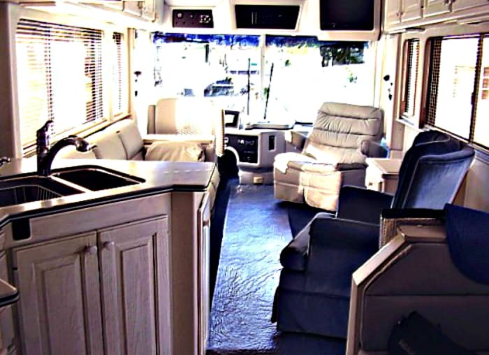 When there is no doghouse, the living area in a diesel is more home like. This is the interior of a used Country Coach that we once owned.