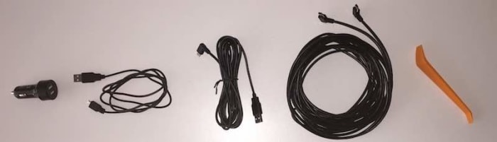 Left to Right: Cigarette Lighter Plug, Micro-USB Cable, Front Cam Cable, Rear Cam Cable, Wire Installation Tool.