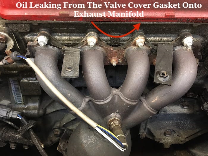 The exhaust manifold is located right under the valve cover gasket. If this gasket fails, oil will drip onto the exhaust and cause a gas smell inside the car.