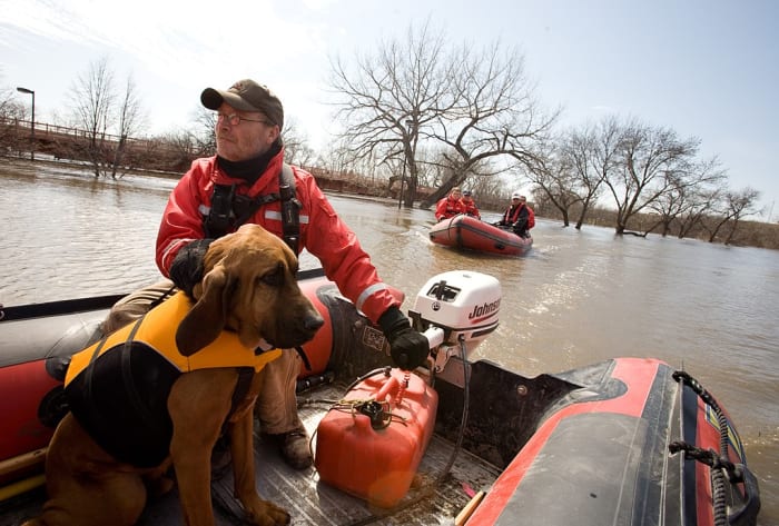 Barnaby, a skilled water-search dog, helps Mike Knorr look for a missing person in Red River