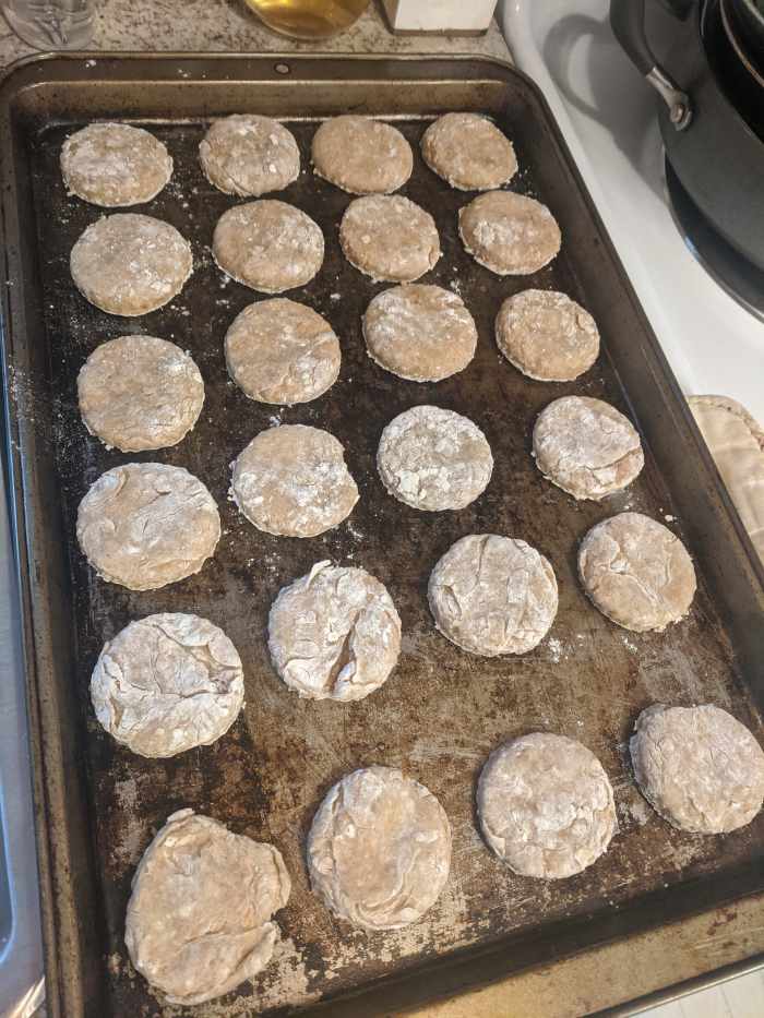 A batch of homemade doggy treats ready to go into the oven. You can shape these any way you like.